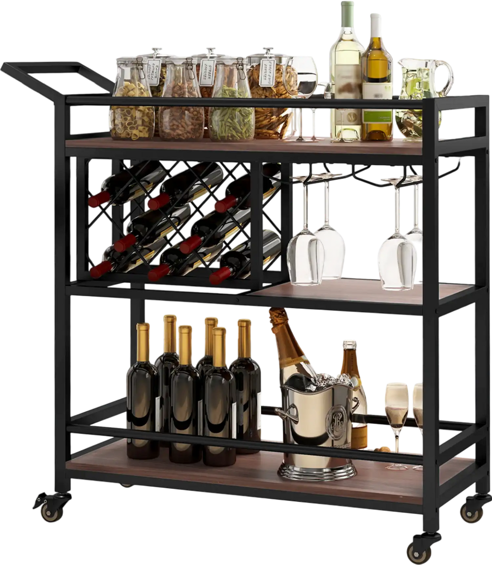 3-tier bar cart on wheels with wine rack, glass holder, and sturdy metal frame for versatile kitchen or serving use.