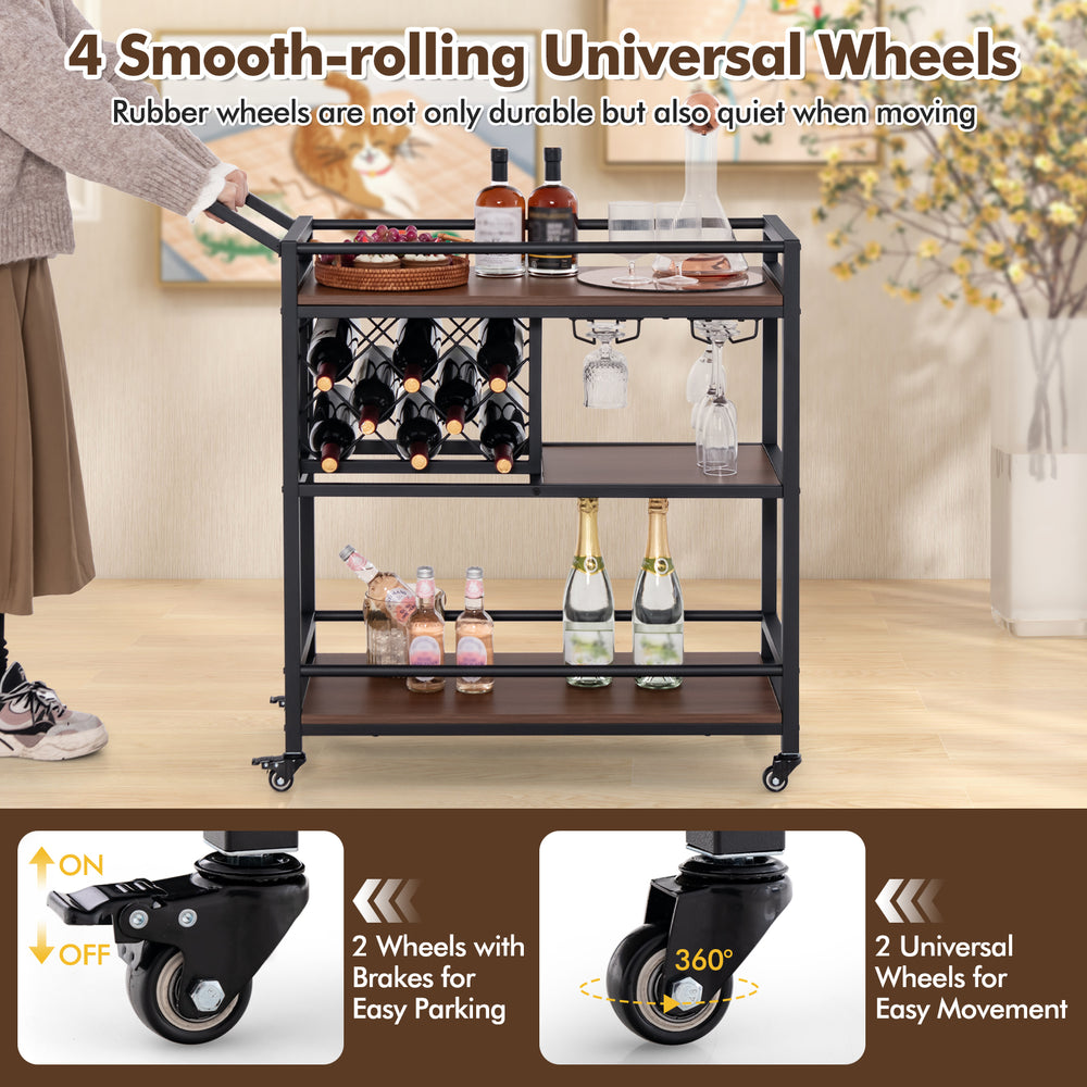 3-tier brown bar cart with wine rack, glass holder, and 4 smooth-rolling wheels for easy kitchen serving and.