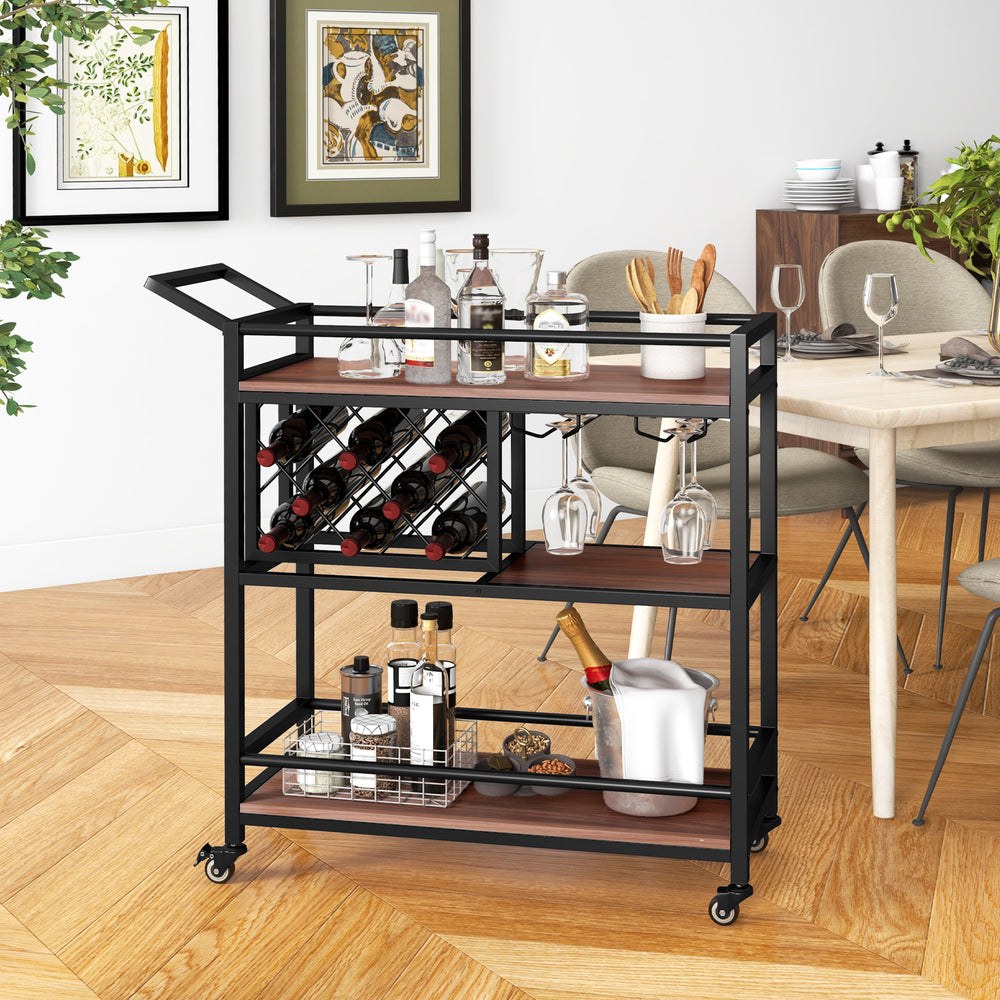 3-tier bar cart on wheels with wine rack and glass holder, featuring a sturdy metal frame for kitchen or home use.