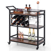 3-tier bar cart on wheels with wine rack and glass holder, brown finish, ideal for home kitchen serving and.