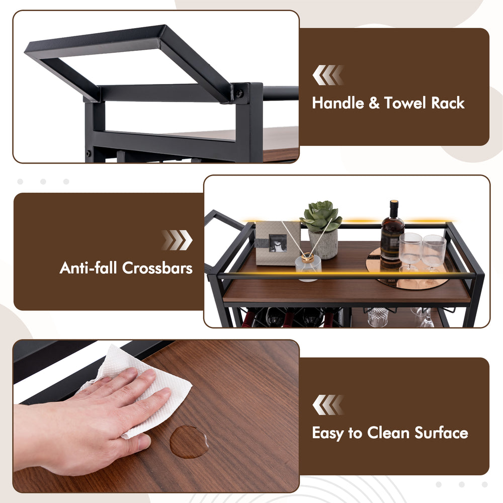 3-tier brown bar cart with wine rack, glass holder, and easy-to-clean surface, perfect for kitchen or home entertaining.