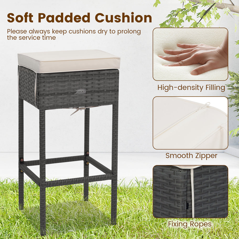 Wicker bar table with soft padded cushion, hidden storage shelves, and ergonomic footrest for outdoor comfort.