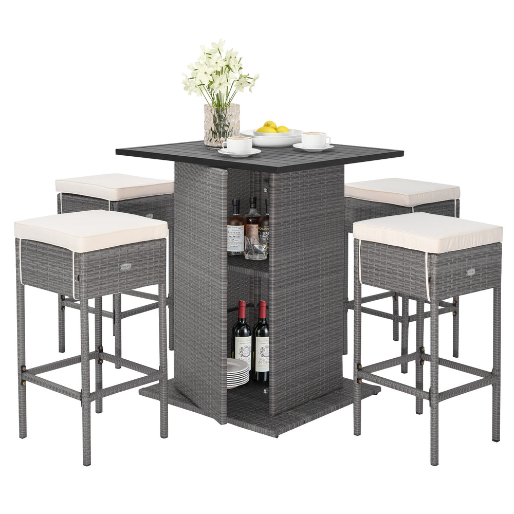 5-piece outdoor wicker bar table set with hidden storage, soft cushions, and ergonomic footrest for backyard relaxation.