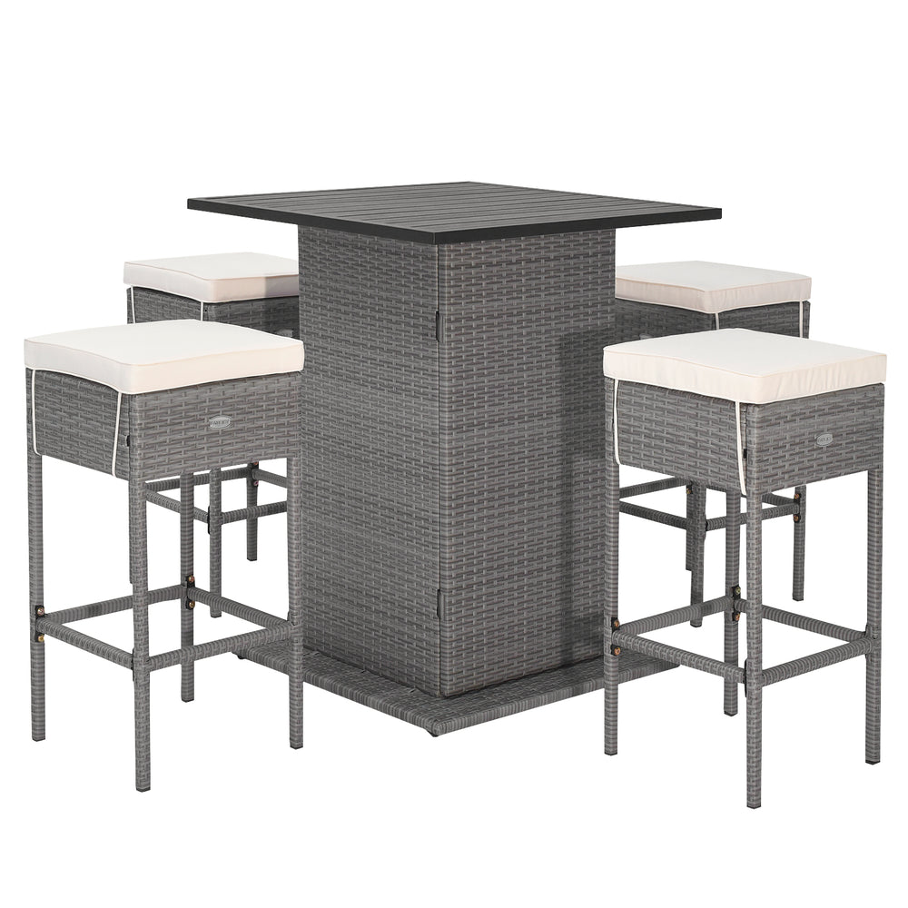 Side view of the 5 Pieces Outdoor Wicker Bar Table Set, showcasing soft cushions and hidden storage for outdoor.