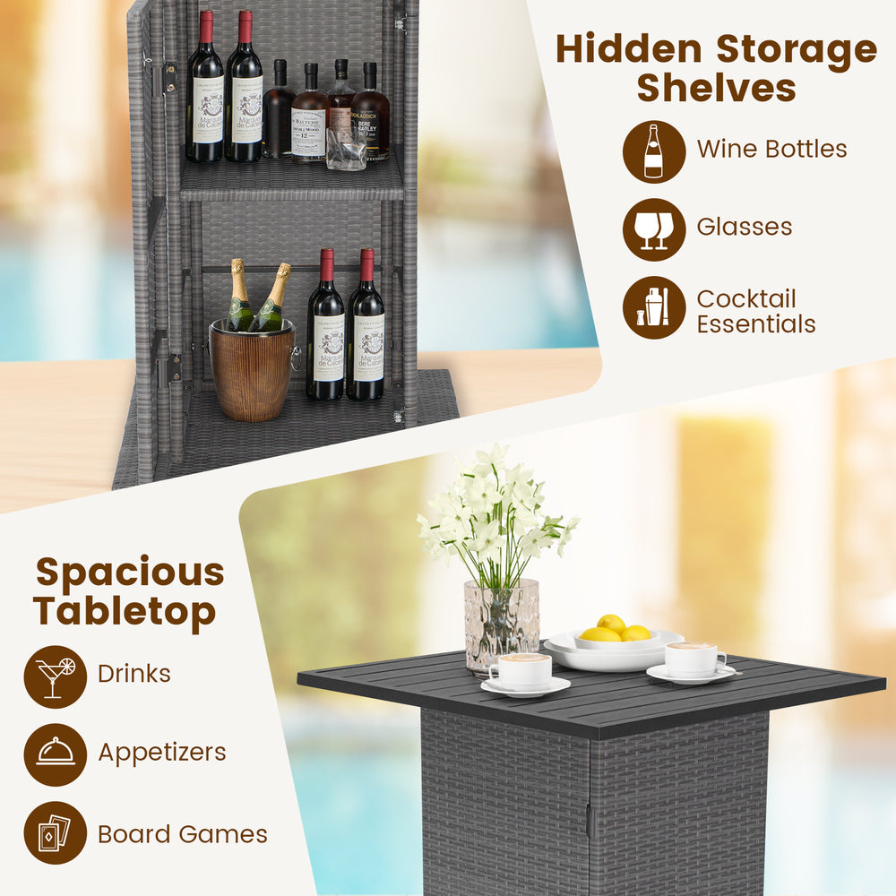 Outdoor wicker bar table set showcasing hidden storage shelves and spacious tabletop for drinks and appetizers.