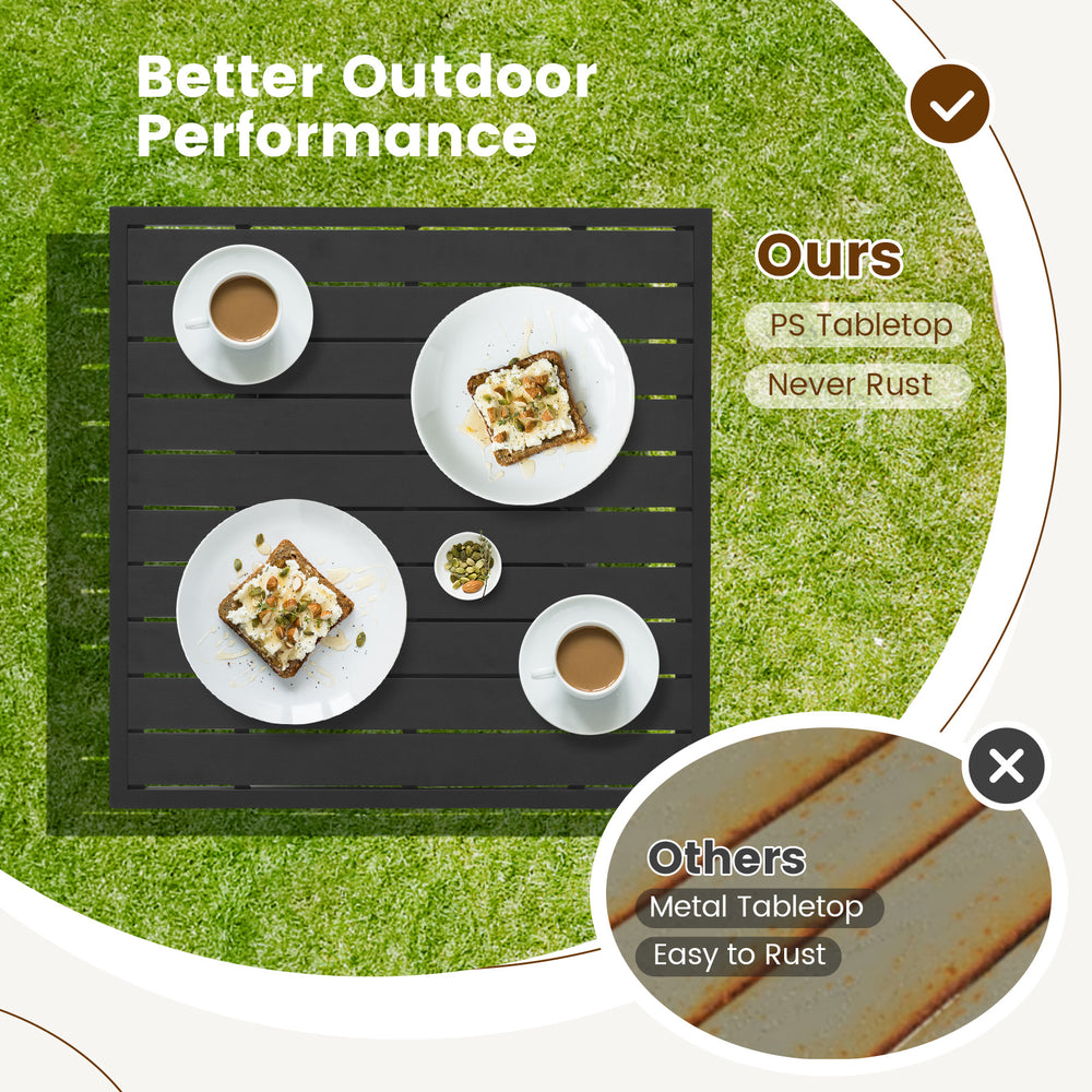 Outdoor wicker bar table set with hidden storage, featuring a rustproof PS tabletop and ergonomic footrest for comfort.