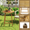 Round slatted tabletop bar height table made of acacia wood, featuring an umbrella hole and adjustable feet for outdoor.