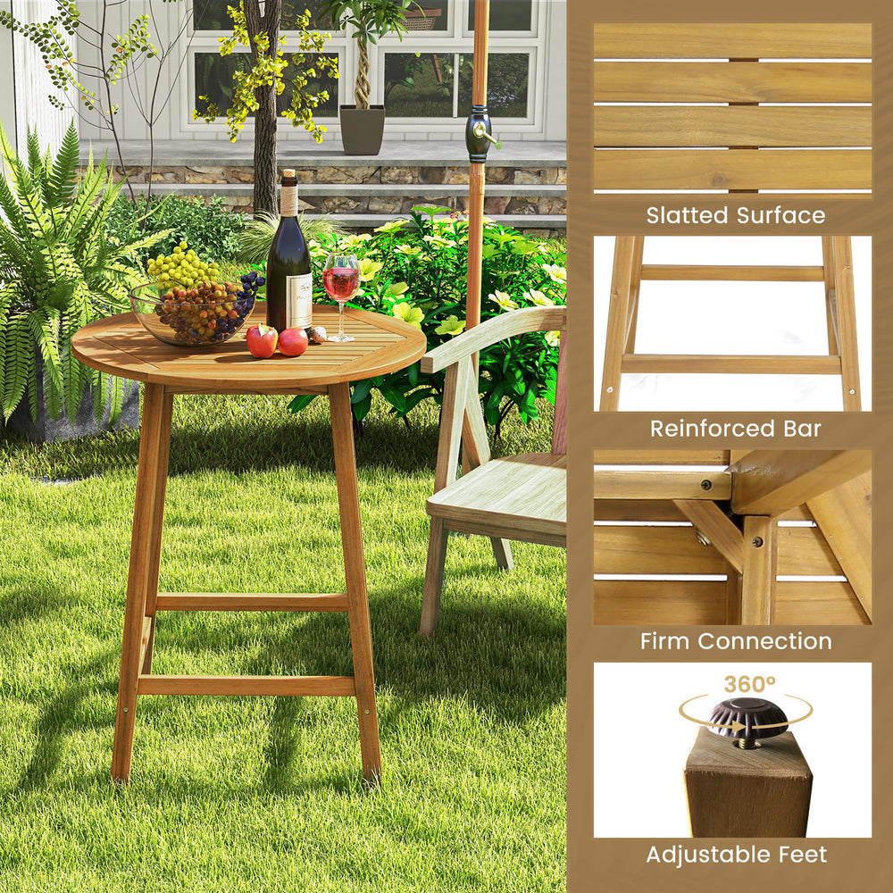 Round slatted tabletop bar height table made of acacia wood, featuring an umbrella hole and adjustable feet for outdoor.