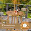 Round slatted bar height table made of solid acacia wood with a 2" umbrella hole, perfect for outdoor patios.