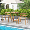 Bar height table with slatted tabletop and umbrella hole, made of durable acacia wood, ideal for outdoor patio use.