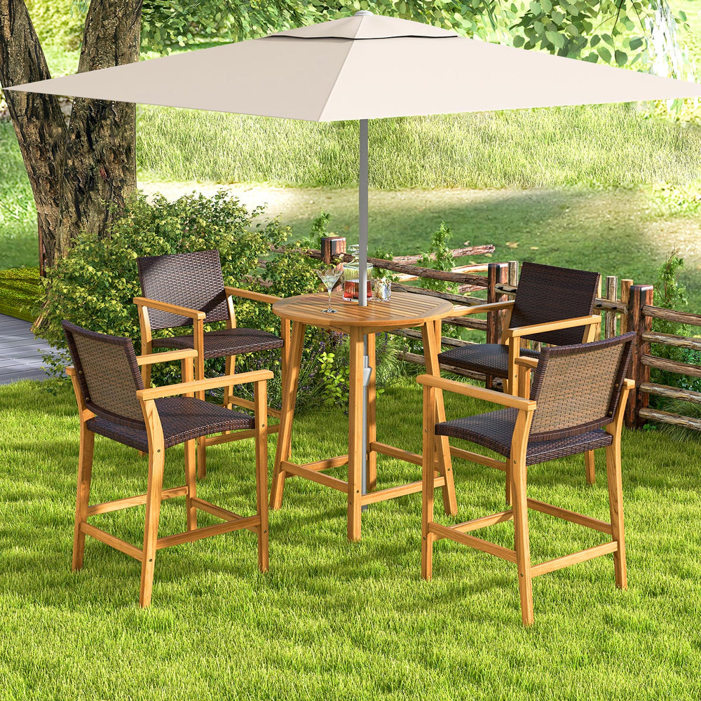 Bar height table with slatted tabletop, made of solid acacia wood, perfect for outdoor patios and poolside gatherings.