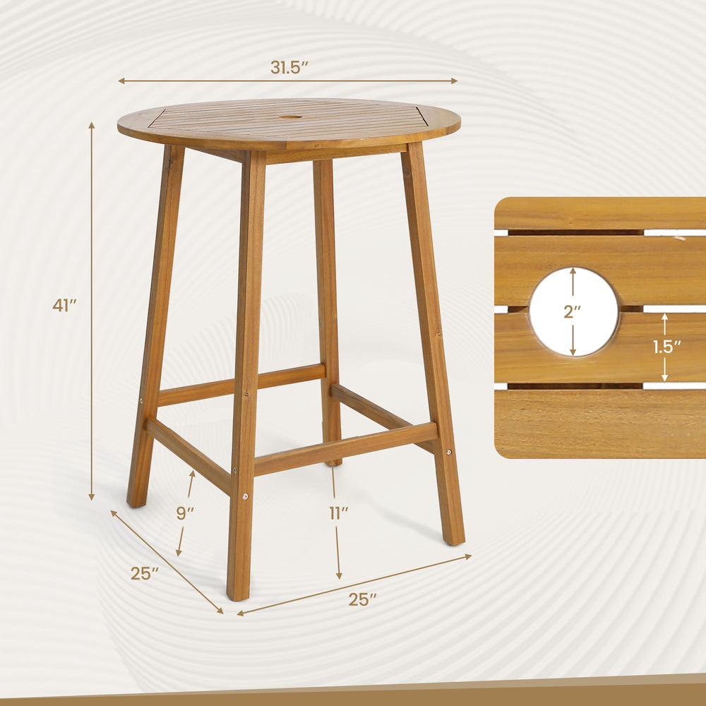 Round slatted bar height table made of solid acacia wood, featuring an umbrella hole, ideal for outdoor use.