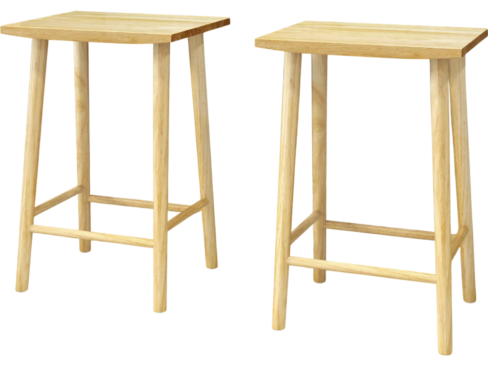 Set of 2 natural rubber wood bar stools with footrest, featuring a sleek design for home bar settings.