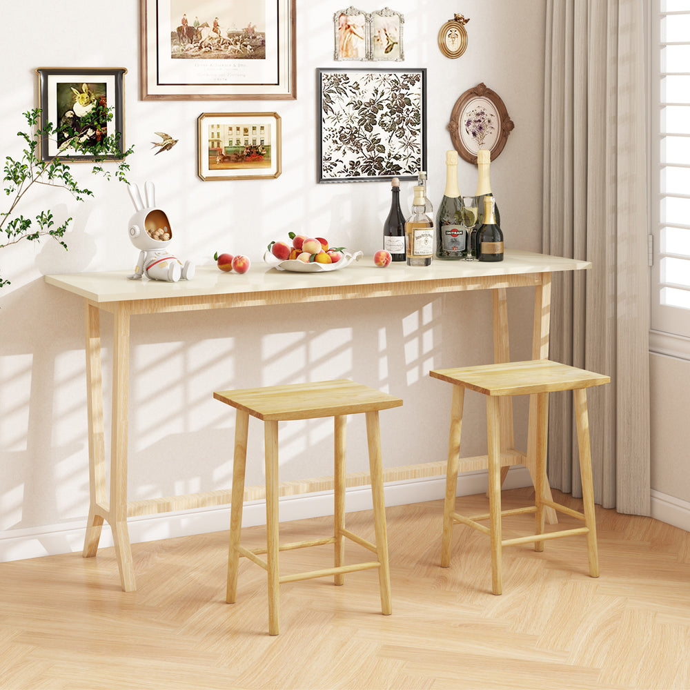 Natural 25.5-inch bar stools set of 2 with footrest, featuring solid rubber wood for a rustic look in home bar settings.