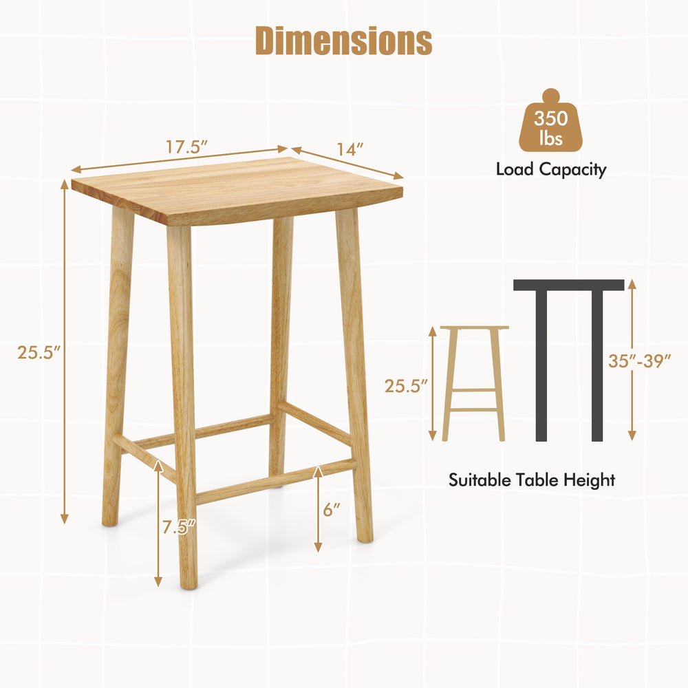 Natural rubber wood bar stool dimensions with footrest, 25.5 inches high, suitable for home bar settings.