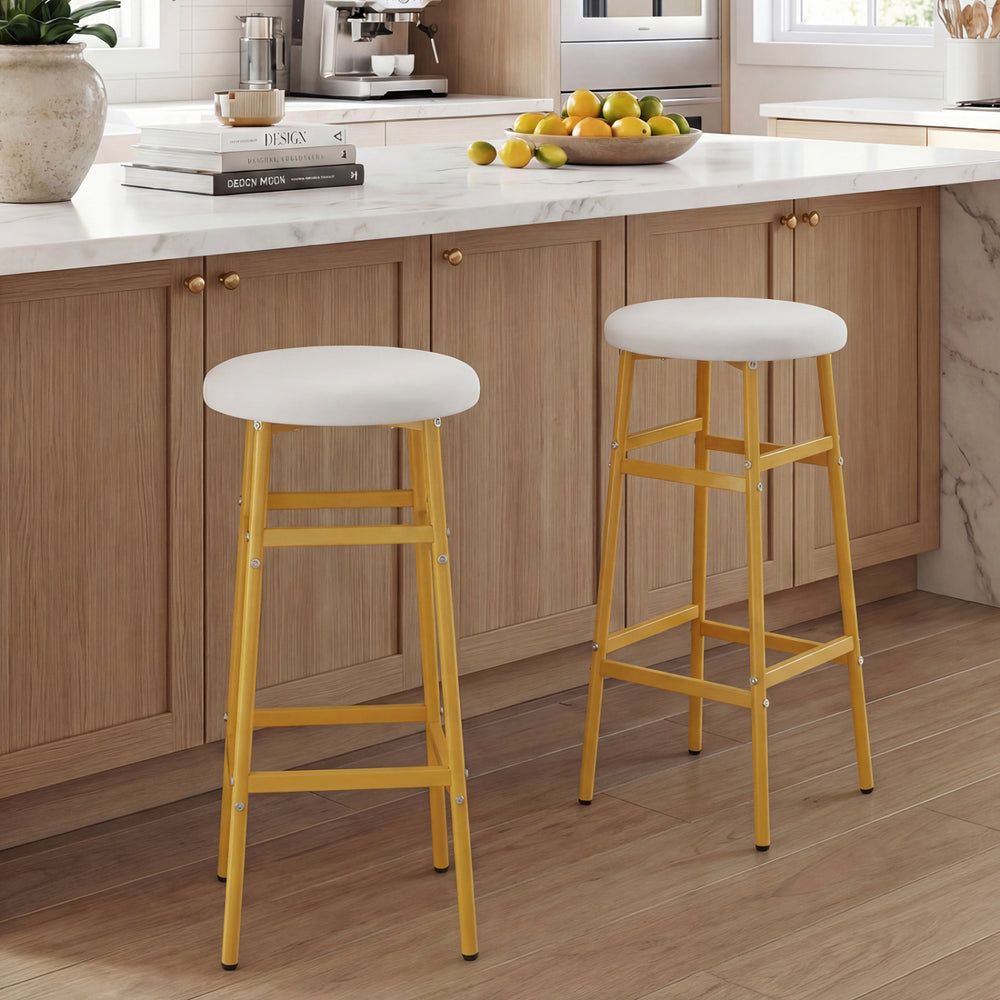 Backless bar stools set of 2 with sturdy metal frame and white padded seats, ideal for kitchen islands and home bars.