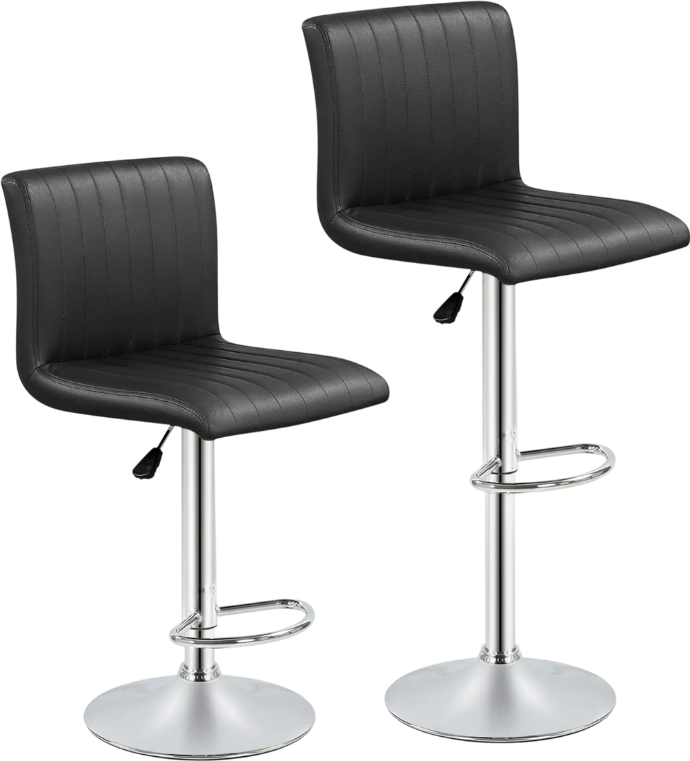 Adjustable swivel bar stools set of 2 in black faux leather with supportive backrest and footrest for kitchen or bar.