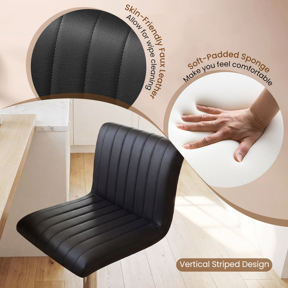 Close-up of black faux leather bar stool with vertical stripes, featuring soft padding and a comfortable design for.