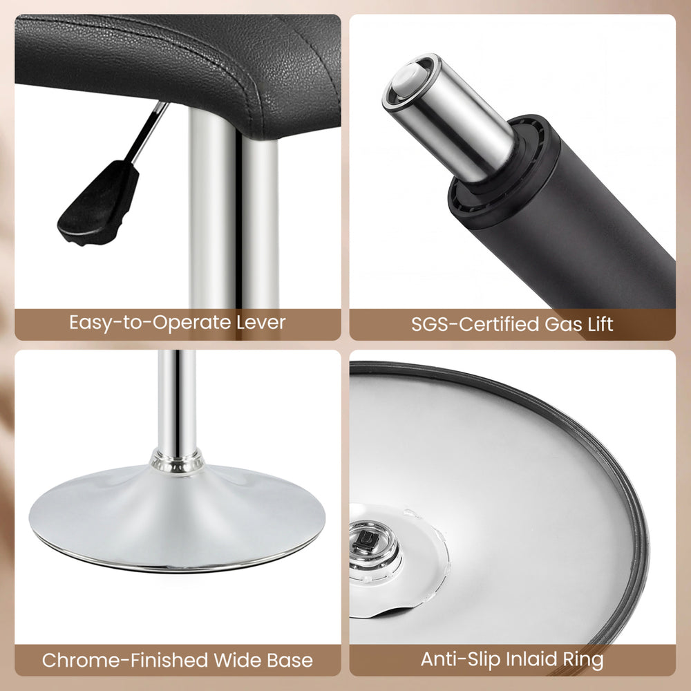 Close-up of adjustable swivel barstool features, including chrome-finished base, SGS-certified gas lift, and anti-slip.