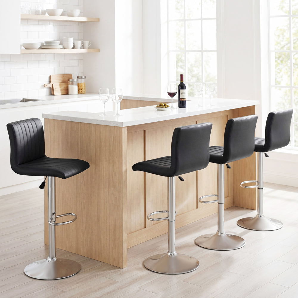Black adjustable swivel bar stools with backrest and footrest, perfect for kitchen islands or home bars.