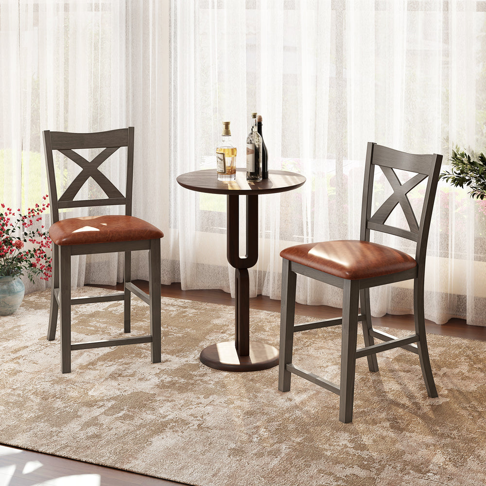 Gray bar stools set of 2 with cross back and faux leather upholstered seats, perfect for stylish dining spaces.
