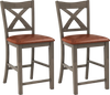 Set of 2 gray bar stools with cross back design and faux leather upholstered seats for stylish comfort.