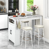 Bar table with faux marble surface, 7 hanging hooks, and storage compartment, perfect for modern kitchen spaces.