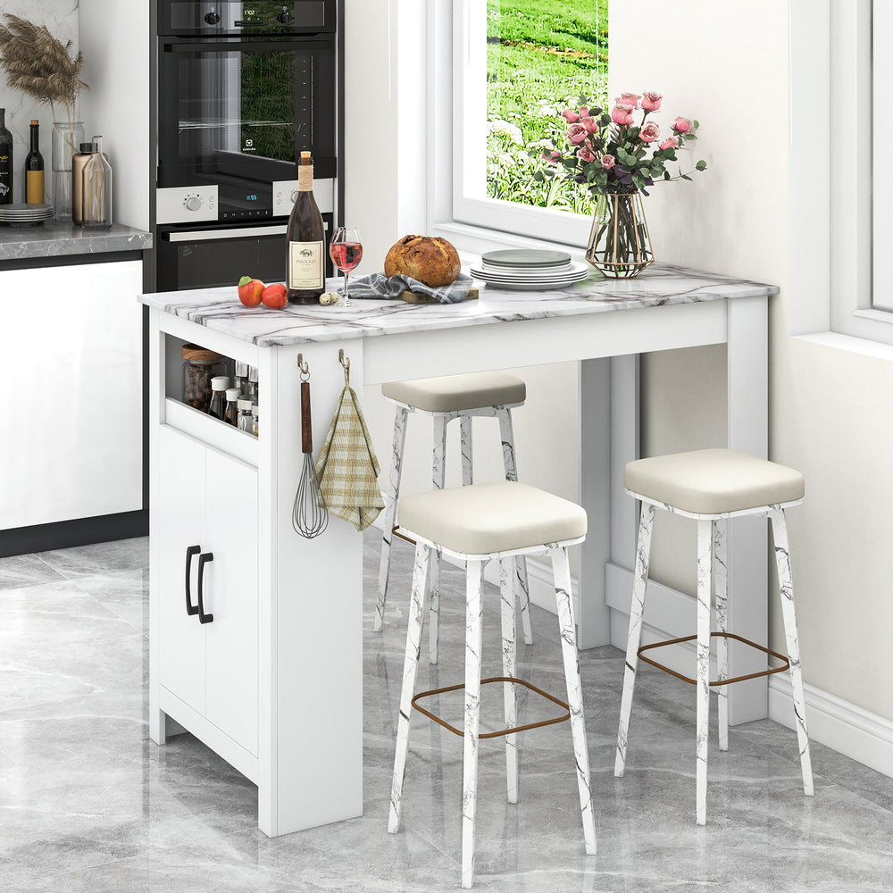 Bar table with faux marble surface, 7 hanging hooks, and storage compartment, perfect for modern kitchen spaces.