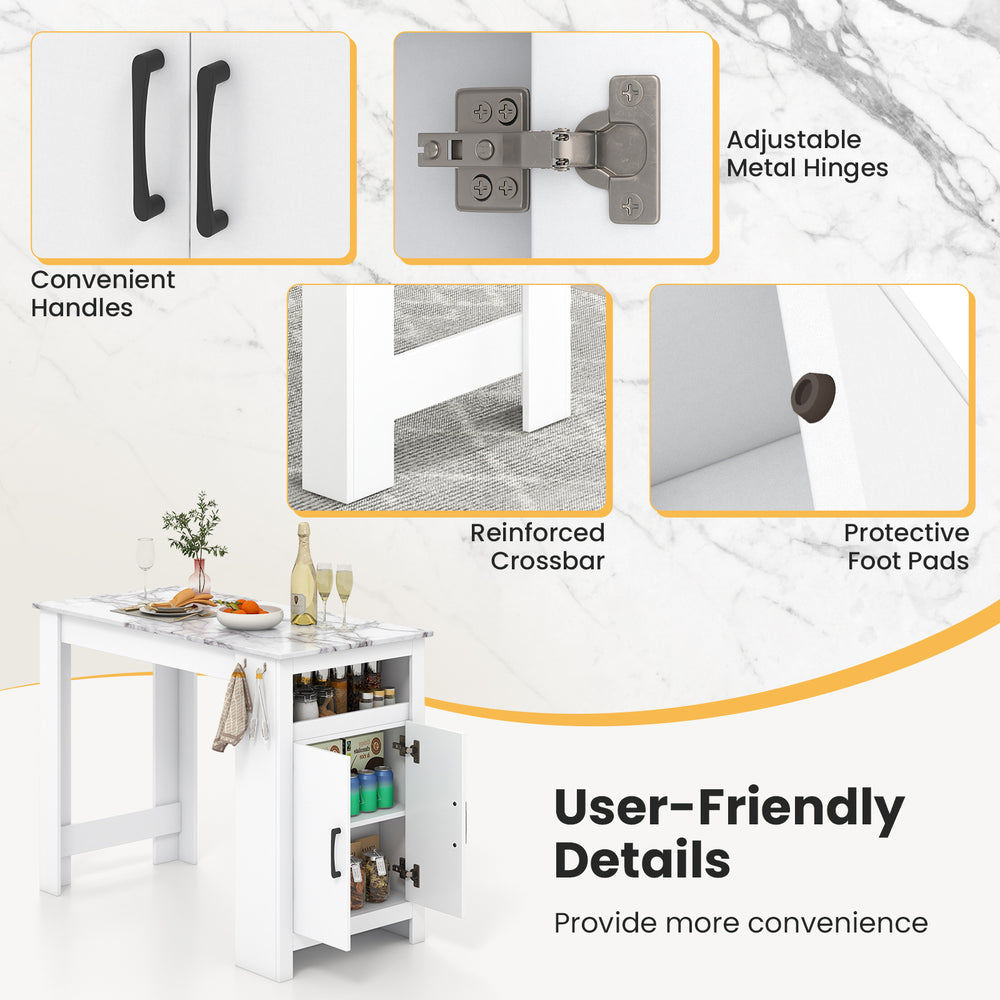 Bar table with faux marble surface, adjustable metal hinges, and 7 hooks for storage in a modern white design.