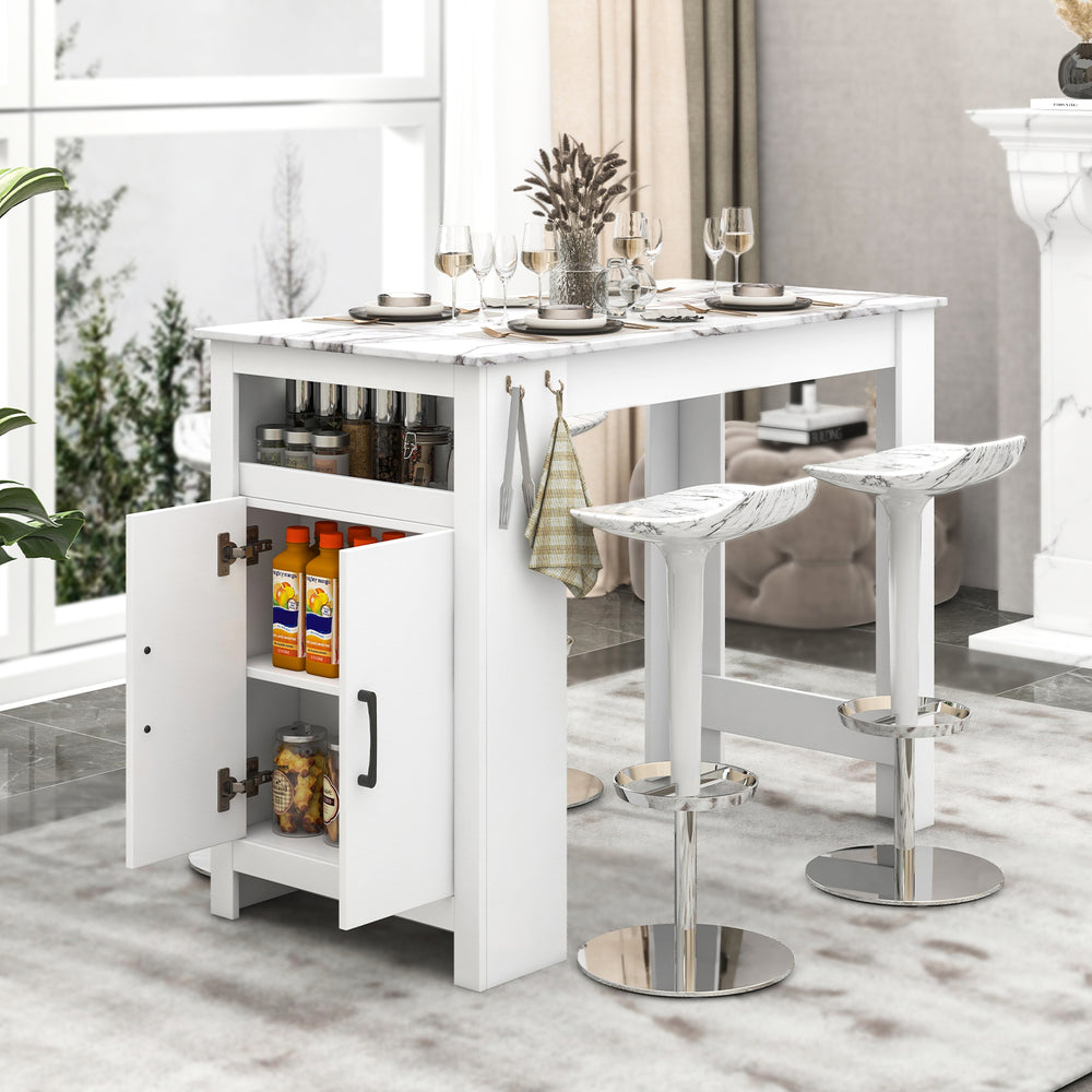 Bar table with faux marble surface, 7 hooks, and storage cabinet, perfect for modern dining areas.