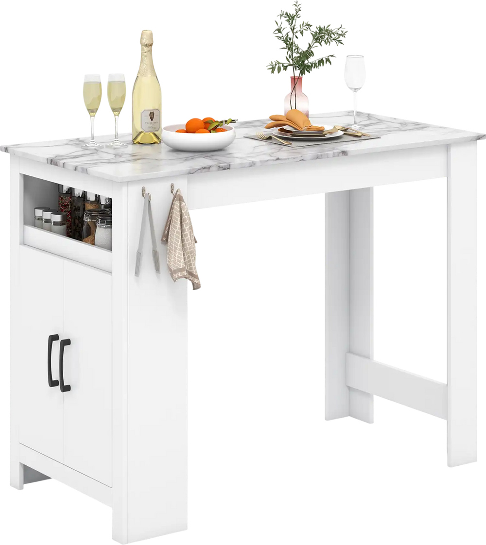 Bar table with faux marble surface, 7 hanging hooks, and storage cabinet for versatile home use.