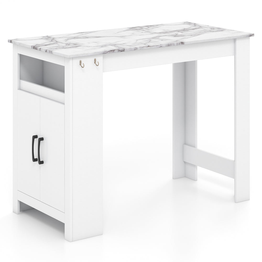 Bar table with faux marble surface, white finish, 7 hooks, and storage cabinet for versatile home use.