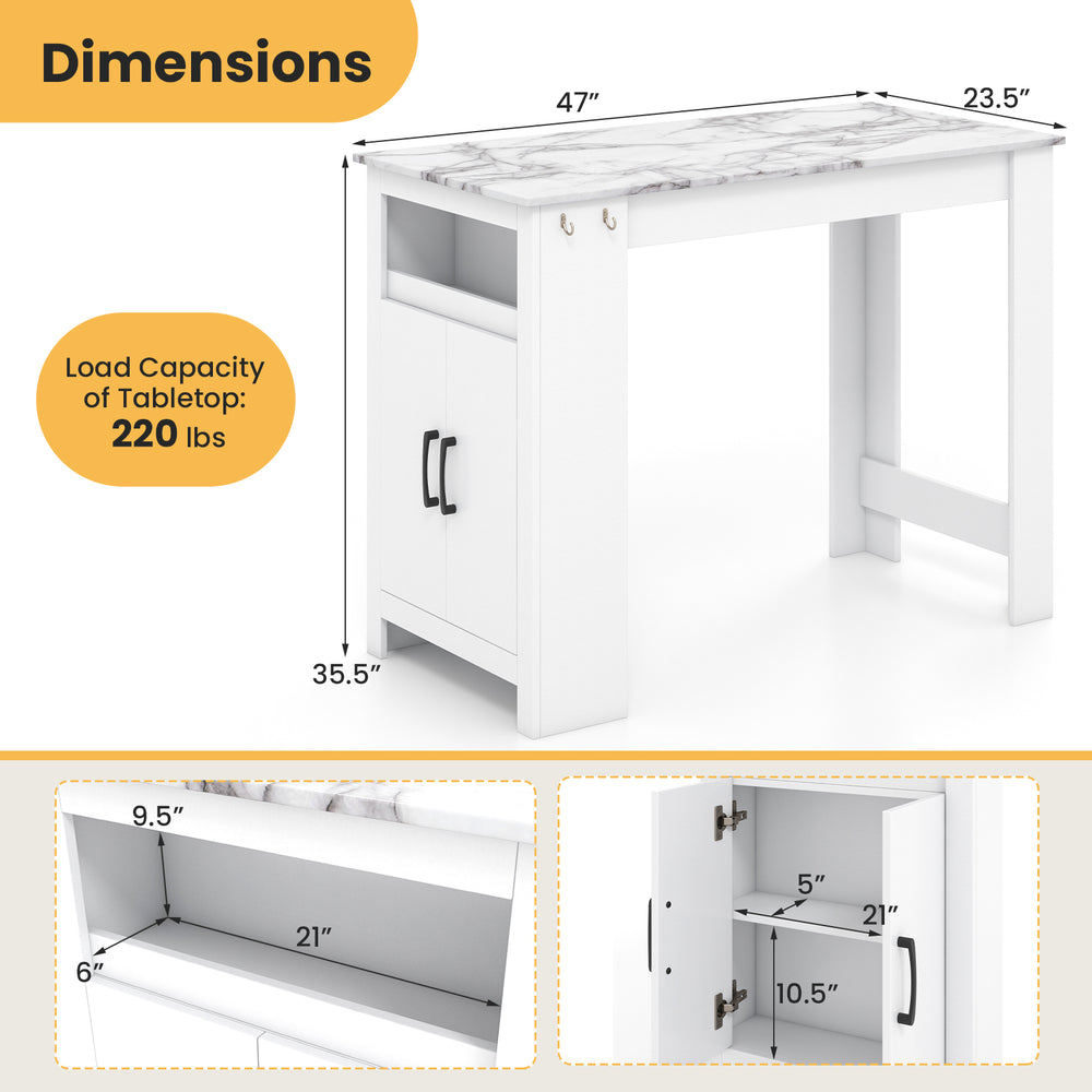 Faux marble bar table with 7 hooks, storage compartment, and adjustable shelf for versatile home use.