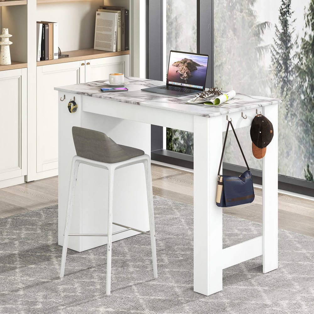 Faux marble bar table in white with 7 hanging hooks and storage compartment, ideal for modern home decor.