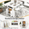 Bar table with faux marble surface, 7 hanging hooks, and 2-door cabinet for stylish storage in a modern setting.
