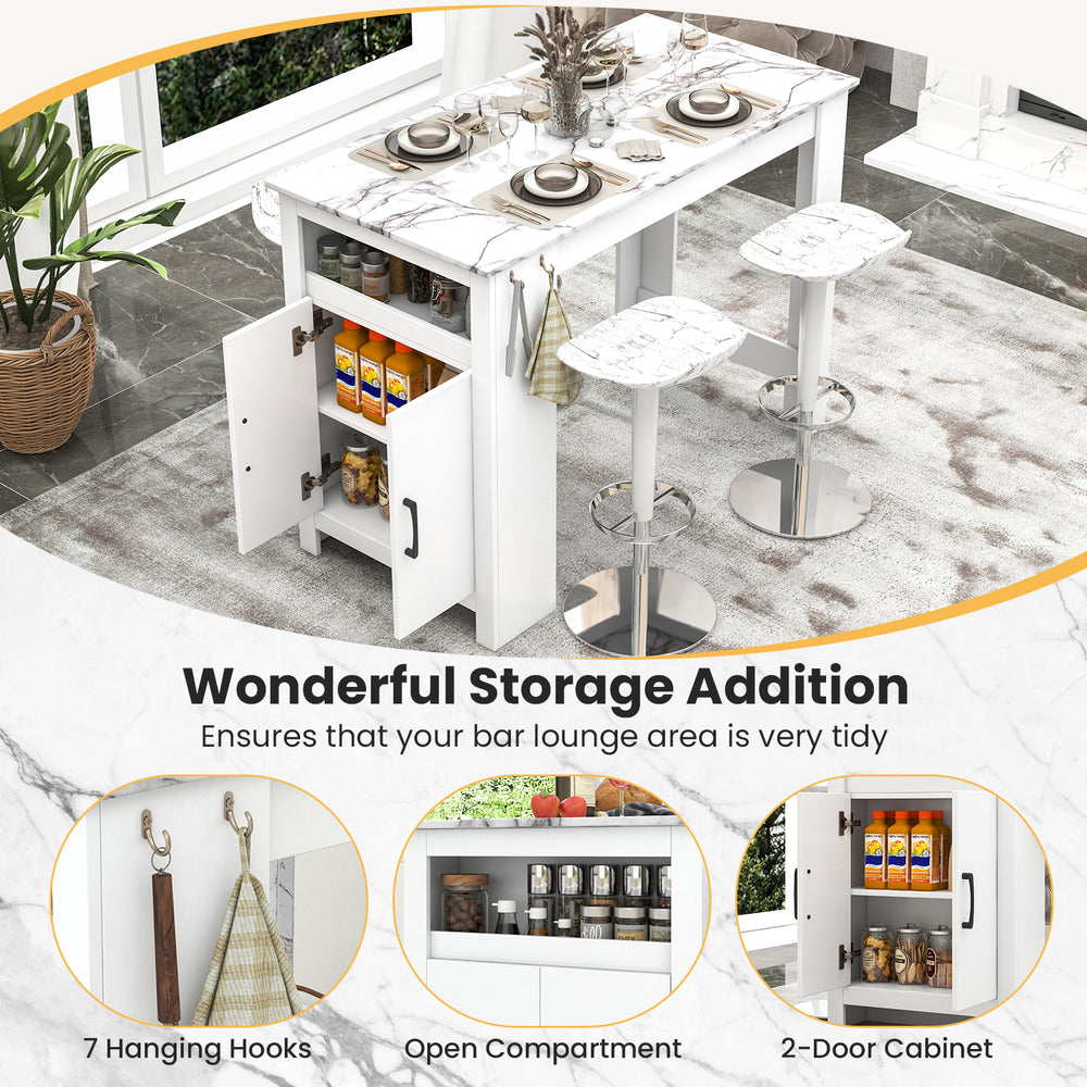 Bar table with faux marble surface, 7 hanging hooks, and 2-door cabinet for stylish storage in a modern setting.