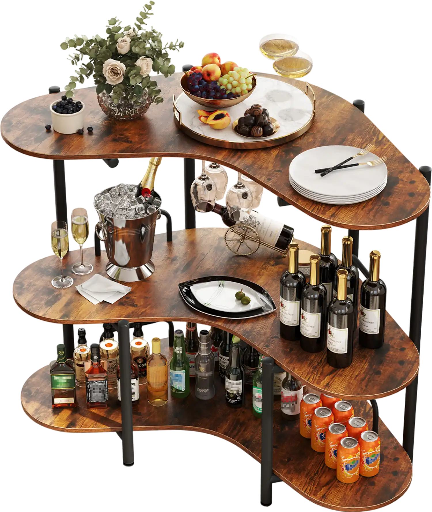 Costway 3-Tier Liquor Bar Table w/ Stemware Racks Storage Shelves Rustic Brown 461839527 New