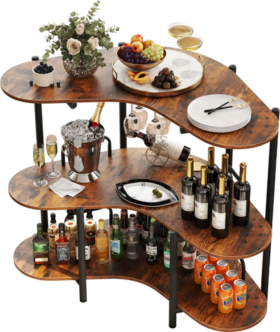 Costway 3-Tier Liquor Bar Table w/ Stemware Racks Storage Shelves Rustic Brown 461839527 New