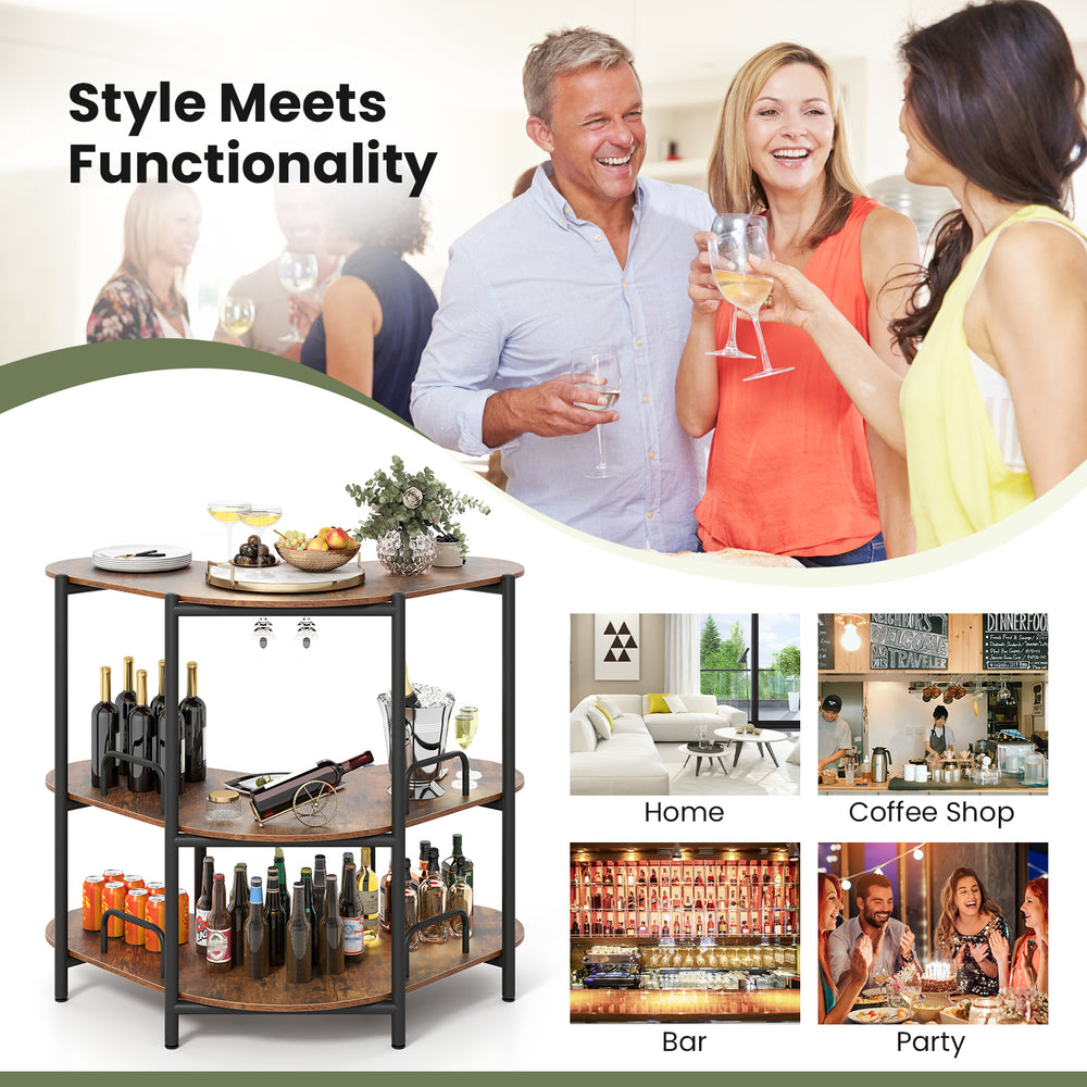 3-tier liquor bar table in rustic brown with stemware racks and storage shelves, perfect for home or party use.