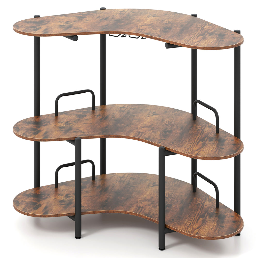3-tier rustic brown liquor bar table with metal frame, stemware racks, and storage shelves for home or bar use.
