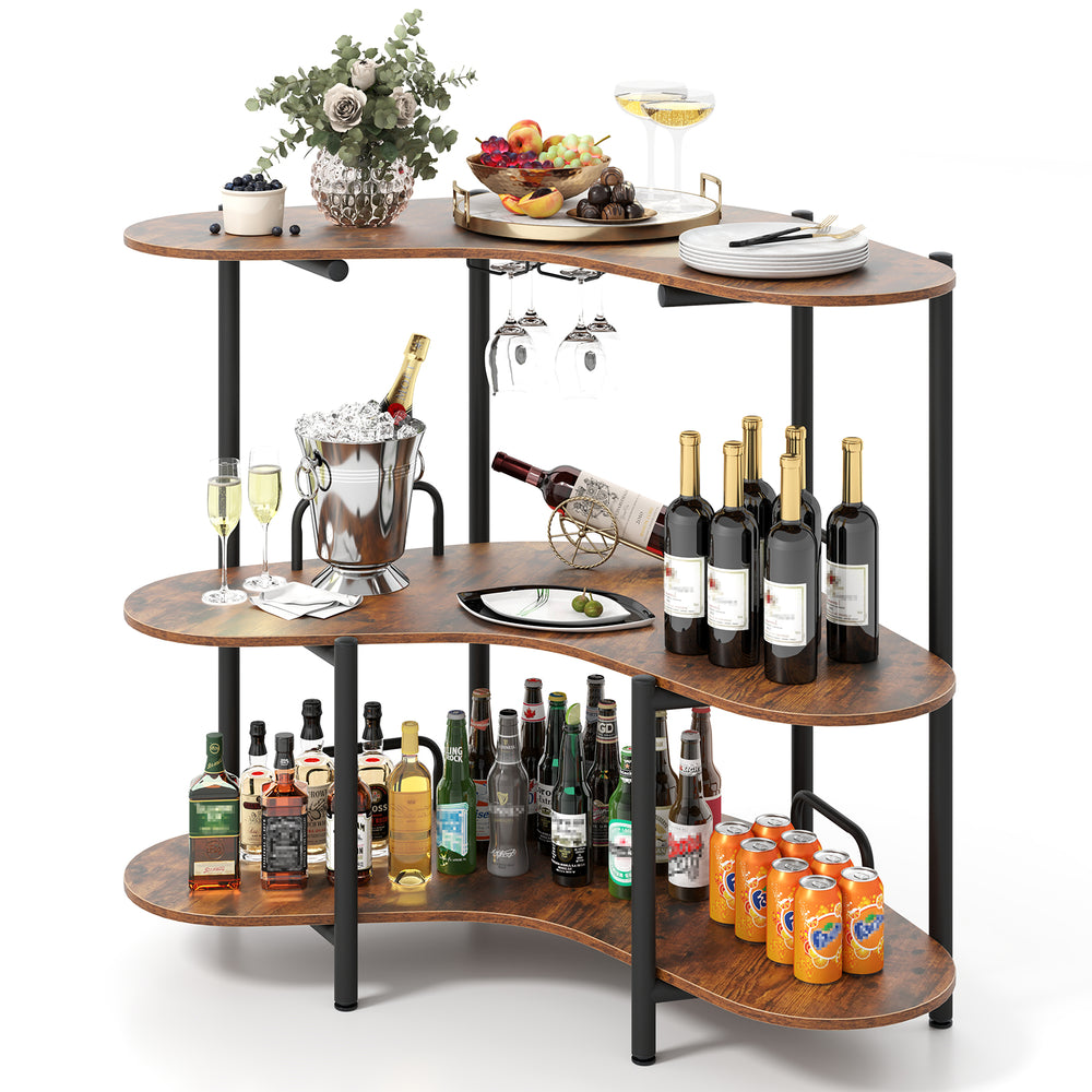 3-tier rustic brown liquor bar table with stemware racks, sturdy metal frame, ideal for home or party use.