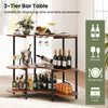 3-tier rustic brown bar table with stemware racks, ideal for displaying wine and accessories in home or bar settings.