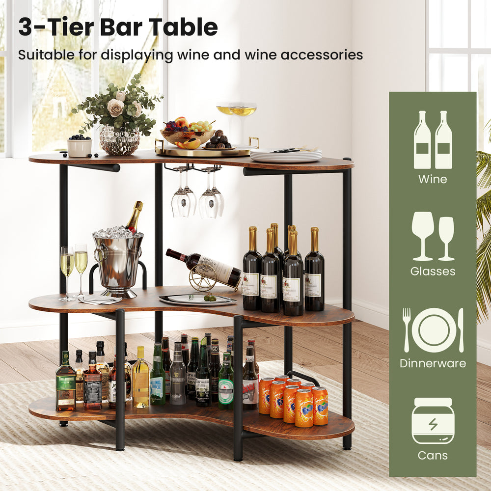 3-tier rustic brown bar table with stemware racks, ideal for displaying wine and accessories in home or bar settings.