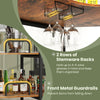 3-tier liquor bar table in rustic brown with stemware racks, storage shelves, and front metal guardrails for stability.