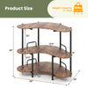 3-tier liquor bar table in rustic brown with stemware racks, sturdy metal frame, ideal for home or bar use.