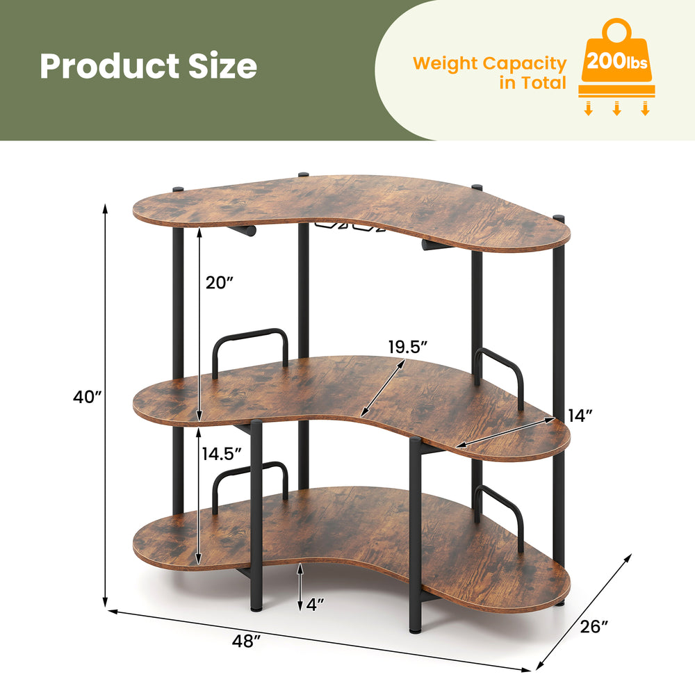 3-tier liquor bar table in rustic brown with stemware racks, sturdy metal frame, ideal for home or bar use.