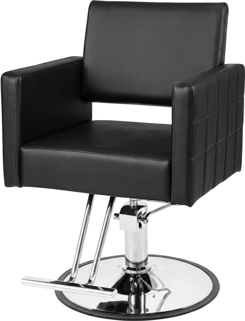 Black barber salon chair with hydraulic pump, adjustable height, and 360° swivel for comfort and stability.