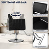 Black barber salon chair with hydraulic pump, 360° swivel, ergonomic backrest, and padded armrests for client comfort.