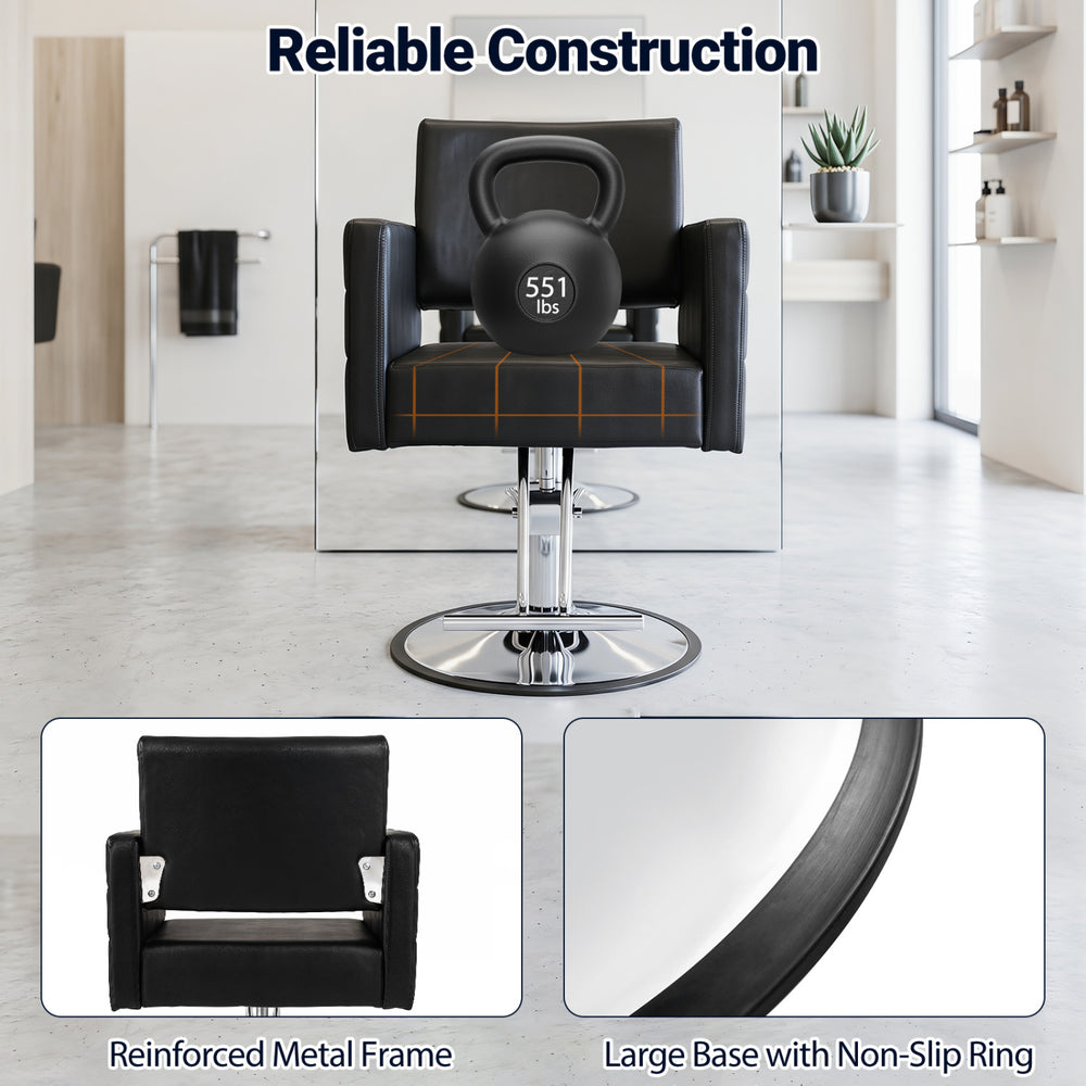 Barber salon chair in black with hydraulic pump, 360° swivel, and reinforced metal frame supporting up to 551 lbs.