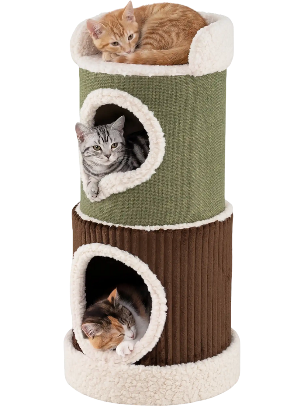 Barrel-shaped cat house with green, brown, and beige colors, featuring two condos and a top perch for indoor cats.